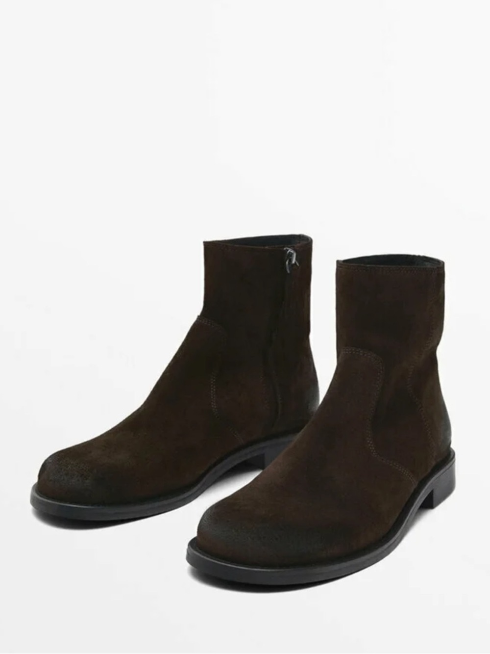 GREASED SPLIT SUEDE FLAT ANKLE BOOTS Dark Brown